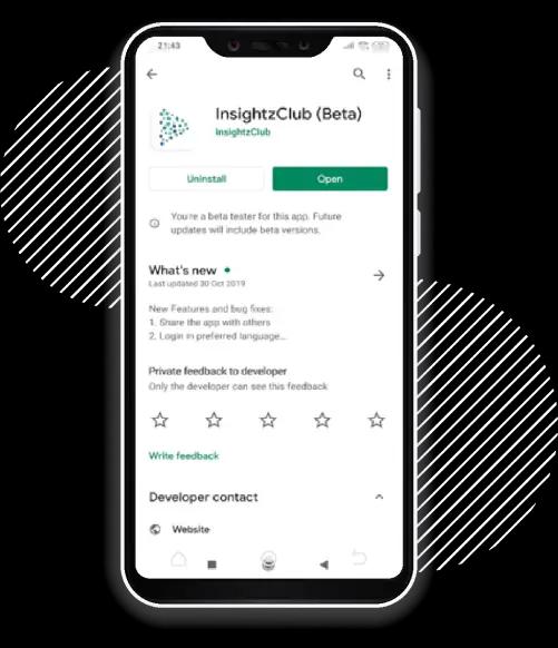 InsightzClub mobile app shown on a smartphone